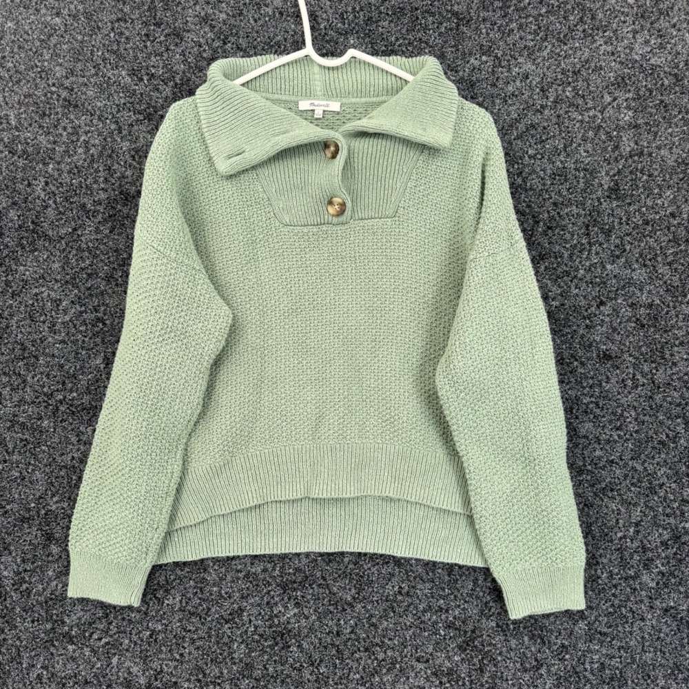 Madewell Womens Large Sage Green Textured Knit Button Collar Pullover Sweater